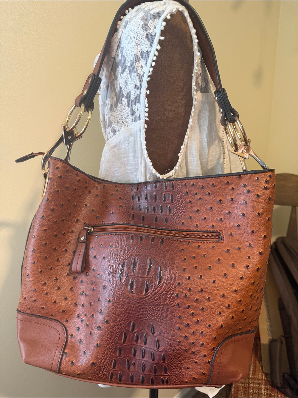 Women's Brown Faux-Ostrich Shoulder/Hobo Bag - Unbranded